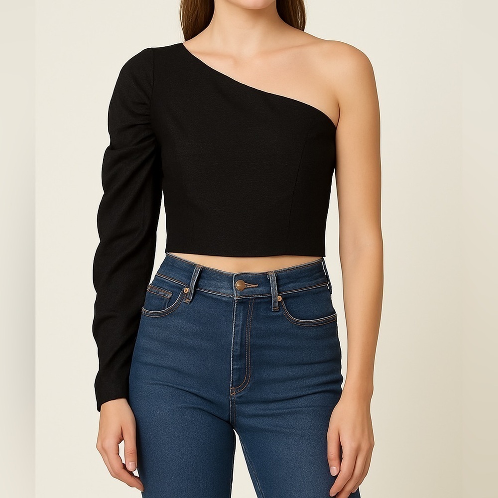 DO+BE Black One Shoulder Ruched Puff Sleeve Crop Top Women’s Size Medium
